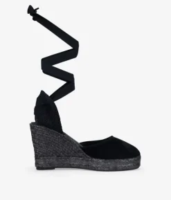 Clearance Bosanova Alpargatas de piel con cuña negras y lazos para atar