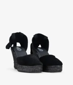 Clearance Bosanova Alpargatas de piel con cuña negras y lazos para atar