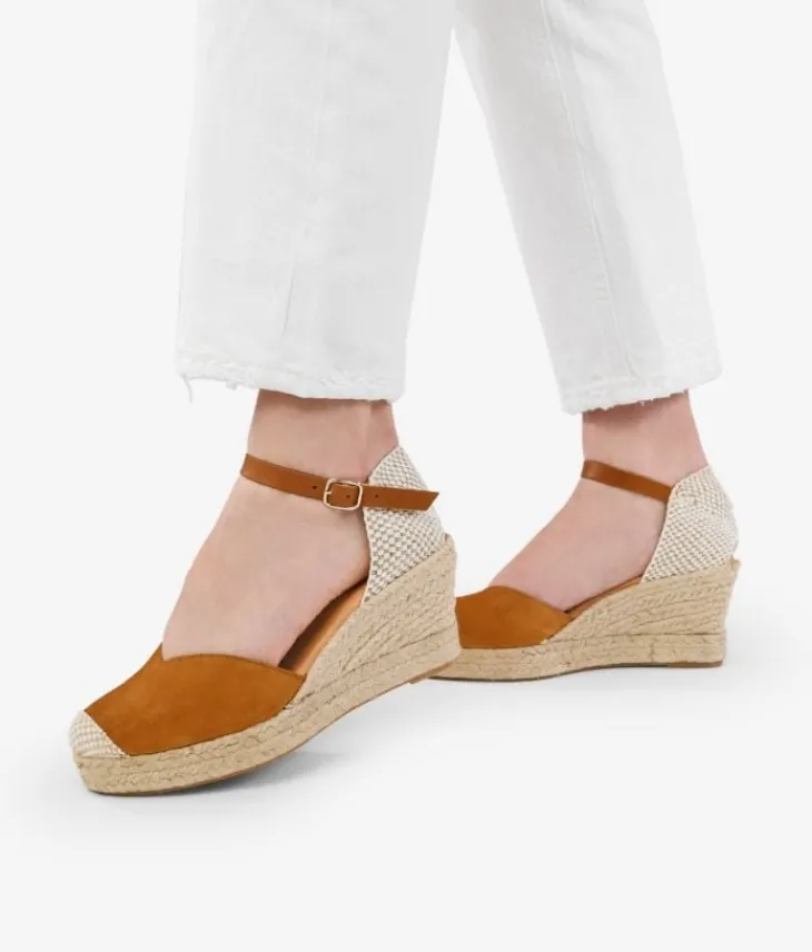 Discount Bosanova Alpargatas de piel marrones con cuña de esparto