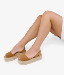 Clearance Bosanova Alpargatas marrones de piel con plataforma de esparto