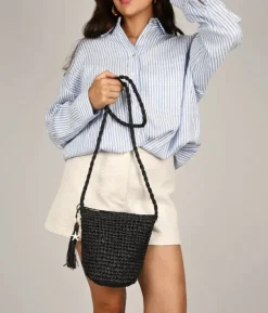 Online Bosanova Bolso bandolera negro en rafia con cremallera