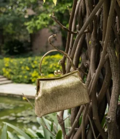 New Bosanova Bolso de fiesta dorado con boquilla y asa metálica