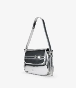 Best Bosanova Bolso de hombro plateado con solapa y cinturón