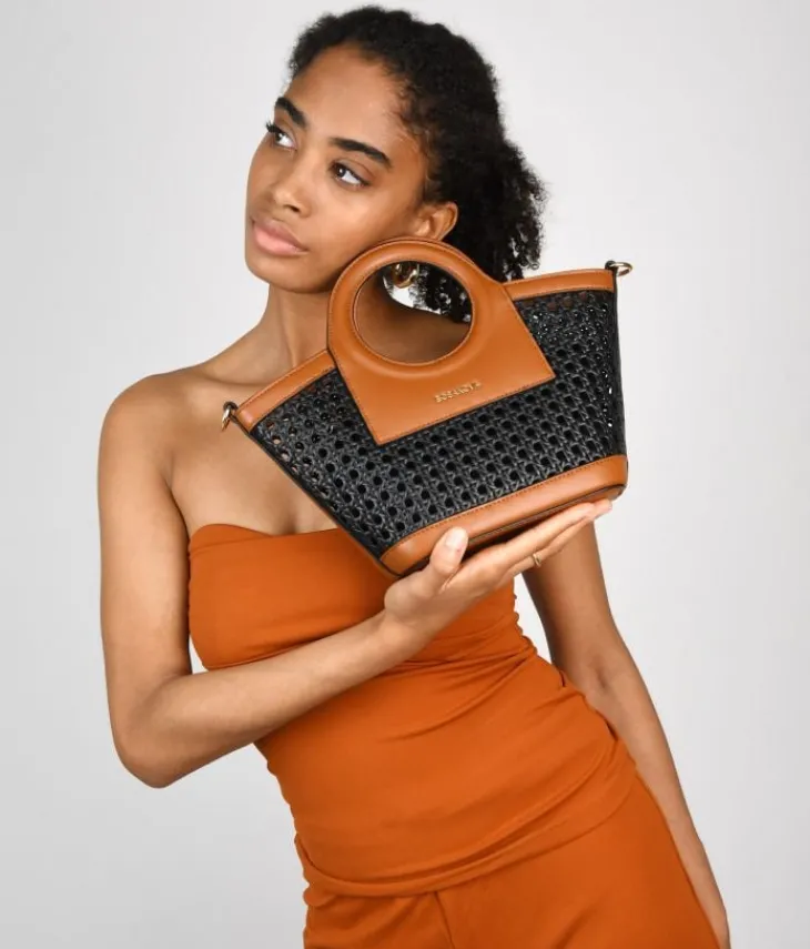 Sale Bosanova Bolso de mano negro pequeño con rejilla de mimbre