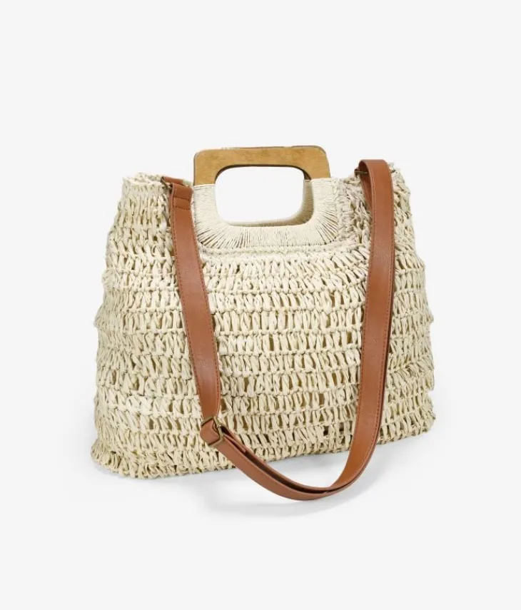 Best Bosanova Bolso de rafia beige con asas de madera