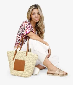 Discount Bosanova Bolso de rafia beige tipo capazo con bolsillo