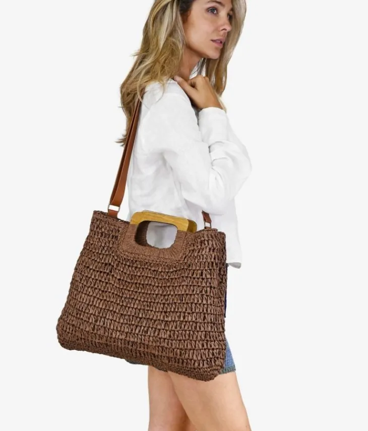 Fashion Bosanova Bolso de rafia marrón con asas de madera