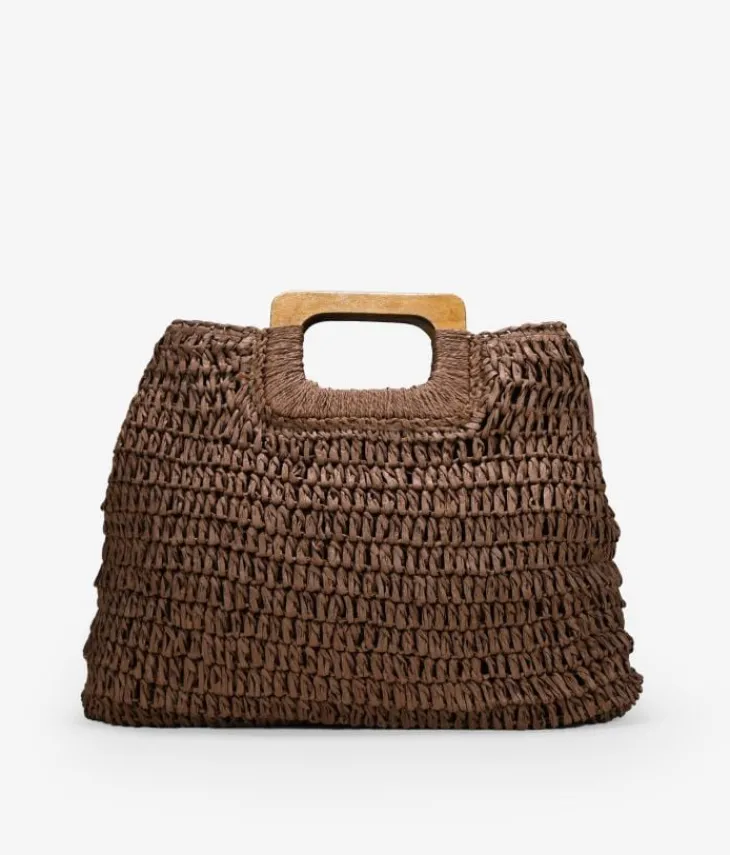 Fashion Bosanova Bolso de rafia marrón con asas de madera