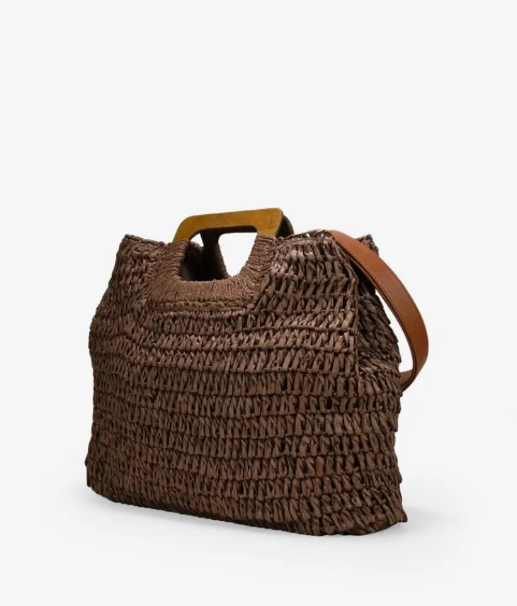 Fashion Bosanova Bolso de rafia marrón con asas de madera