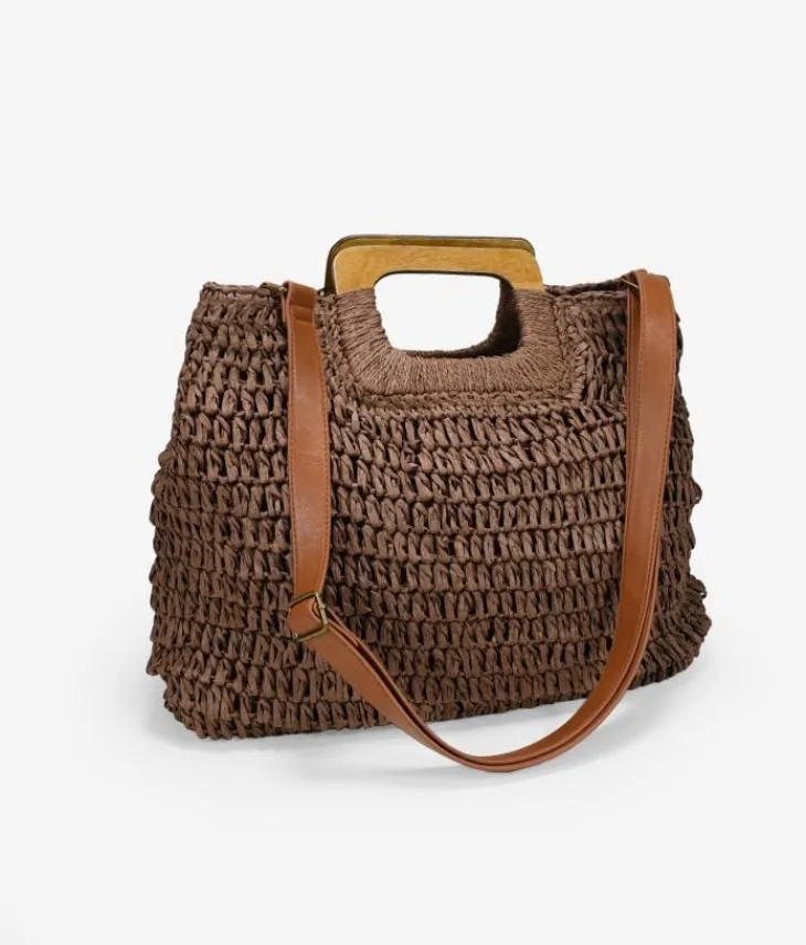 Fashion Bosanova Bolso de rafia marrón con asas de madera
