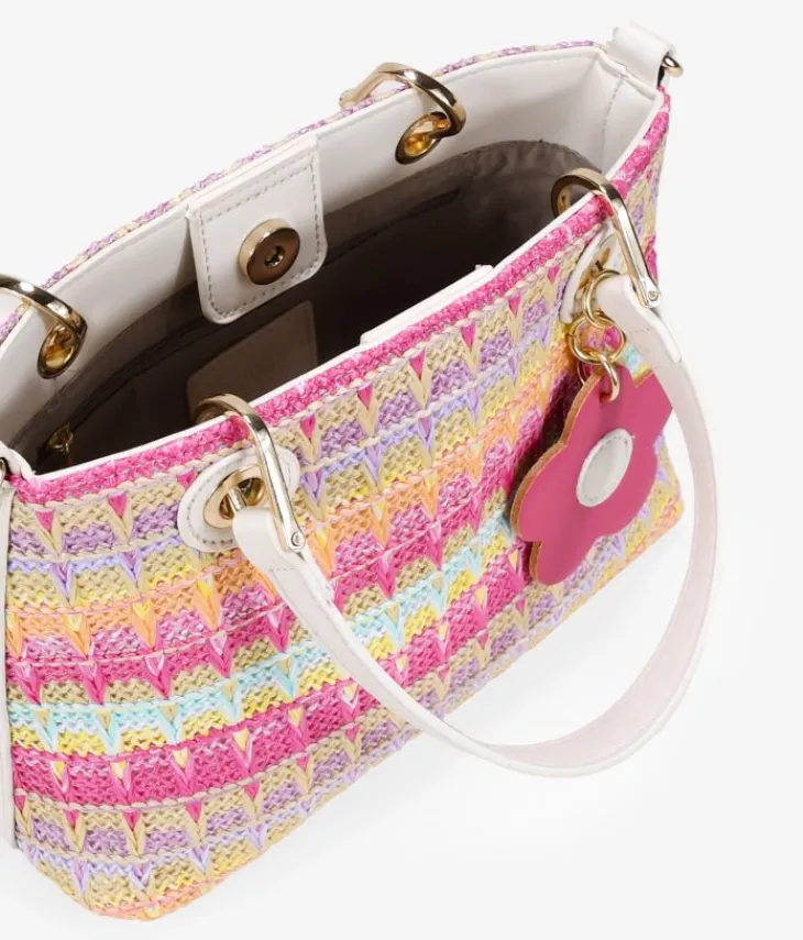 Discount Bosanova Bolso de rafia rosa con doble asa y colgante de flor