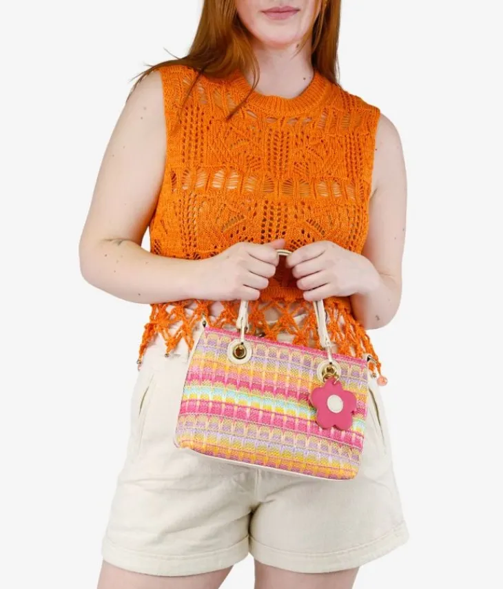 Discount Bosanova Bolso de rafia rosa con doble asa y colgante de flor
