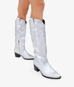 Sale Bosanova Botas cowboy altas plata con bordado y tacón