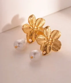 Fashion Bosanova Pendientes dorados flor con perla