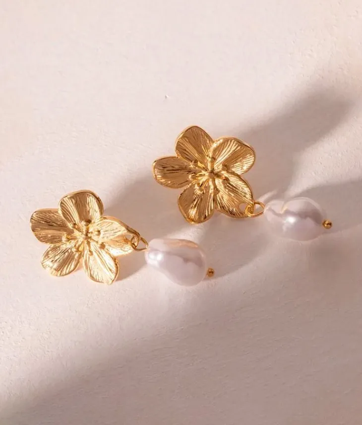 Fashion Bosanova Pendientes dorados flor con perla