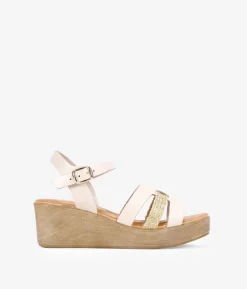 Clearance Bosanova Sandalias de piel beige con cuña efecto madera