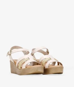 Clearance Bosanova Sandalias de piel beige con cuña efecto madera