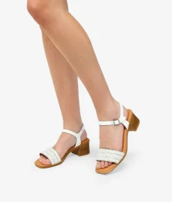 Clearance Bosanova Sandalias de piel blancas con brillantes y tacón efecto madera
