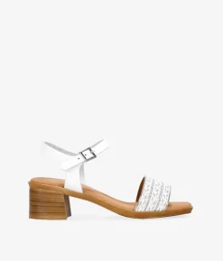 Clearance Bosanova Sandalias de piel blancas con brillantes y tacón efecto madera