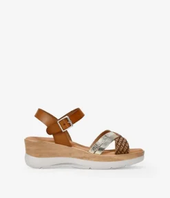 Outlet Bosanova Sandalias de piel marrones con cuña efecto madera