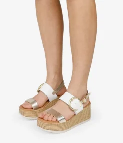 Outlet Bosanova Sandalias de piel metalizadas y blancas con cuña de esparto