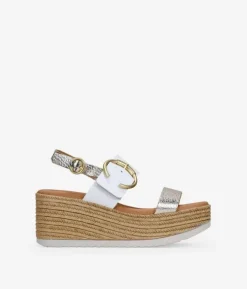 Outlet Bosanova Sandalias de piel metalizadas y blancas con cuña de esparto