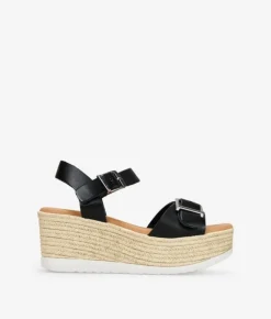 Outlet Bosanova Sandalias de piel negras con cuña efecto esparto y hebillas