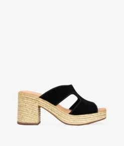 Sale Bosanova Sandalias de piel negras con tacón de esparto
