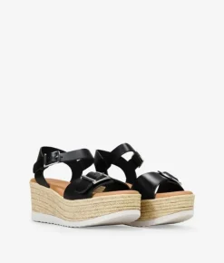 Outlet Bosanova Sandalias de piel negras con cuña efecto esparto y hebillas