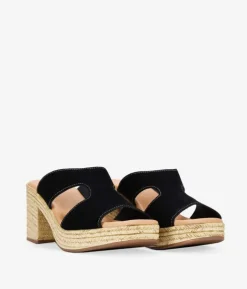Sale Bosanova Sandalias de piel negras con tacón de esparto