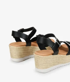 Outlet Bosanova Sandalias de piel negras con cuña efecto esparto y hebillas