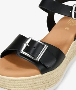 Outlet Bosanova Sandalias de piel negras con cuña efecto esparto y hebillas