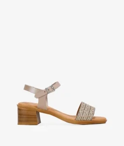 Clearance Bosanova Sandalias de piel taupe con brillantes y tacón efecto madera