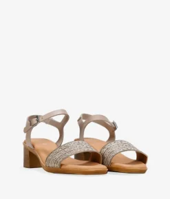 Clearance Bosanova Sandalias de piel taupe con brillantes y tacón efecto madera