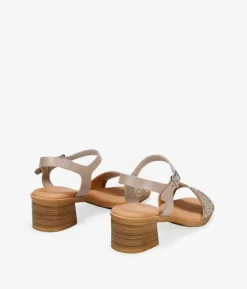 Clearance Bosanova Sandalias de piel taupe con brillantes y tacón efecto madera