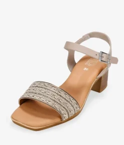 Clearance Bosanova Sandalias de piel taupe con brillantes y tacón efecto madera