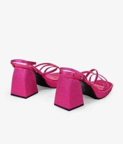 Fashion Bosanova Sandalias de tacón campana rosas en satén con brillantes