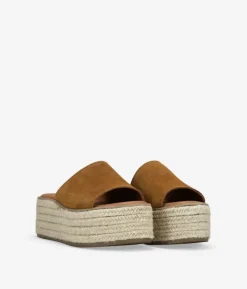 Discount Bosanova Sandalias marrones en piel con plataforma de esparto