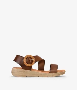 Best Bosanova Sandalias marrones en piel con cuña y hebilla de rafia