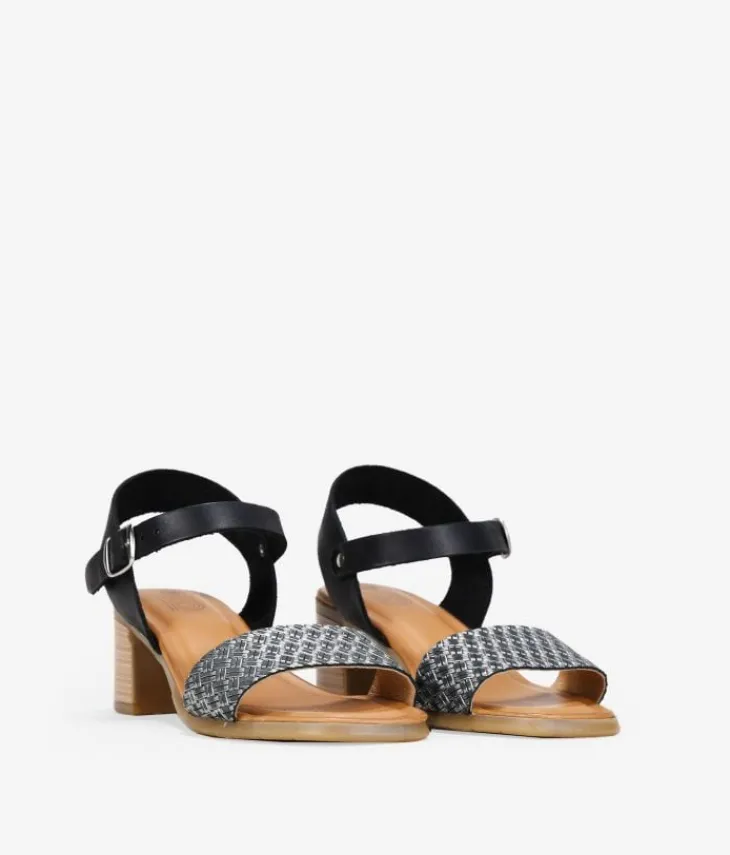 Fashion Bosanova Sandalias negras en piel con tacón efecto madera