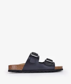 Sale Bosanova Sandalias planas de piel negras con suela de corcho y hebillas