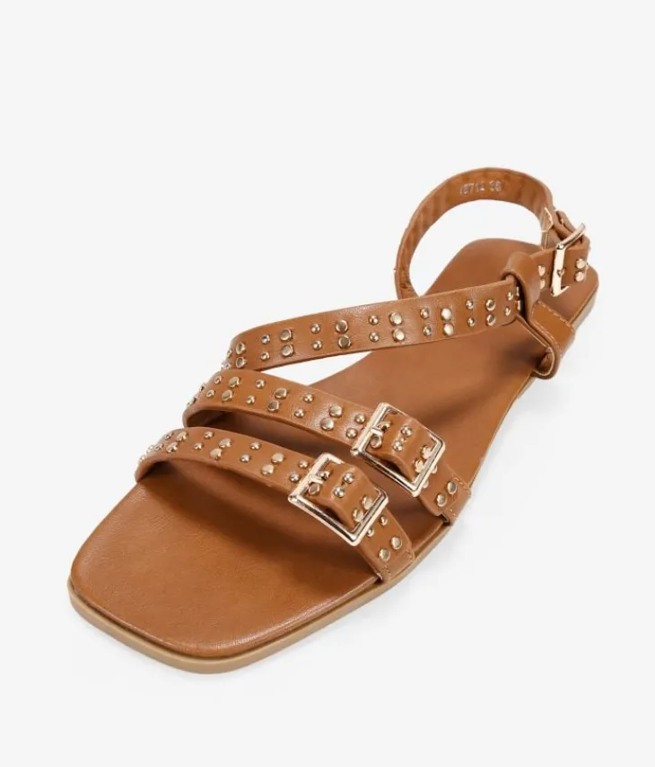New Bosanova Sandalias planas marrones con tachas y hebilla