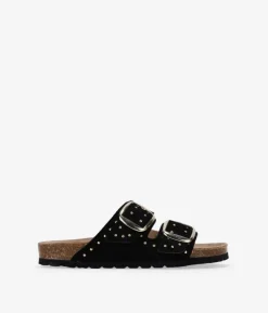 Best Bosanova Sandalias planas negras con doble hebilla y tachas